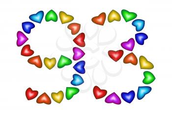 Number 93 of colorful hearts on white. Symbol for happy birthday, event, invitation, greeting card, award, ceremony. Holiday anniversary sign. Multicolored icon. Ninety three in rainbow colors.
