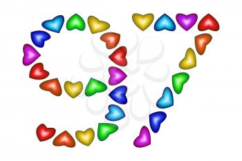 Number 97 of colorful hearts on white. Symbol for happy birthday, event, invitation, greeting card, award, ceremony. Holiday anniversary sign. Multicolored icon. Ninety seven in rainbow colors.