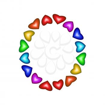 Letter O made of multicolored hearts on white background