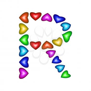 Letter R made of multicolored hearts on white background