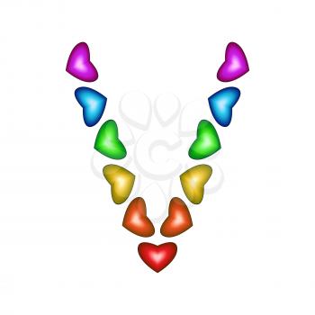 Letter V made of multicolored hearts on white background