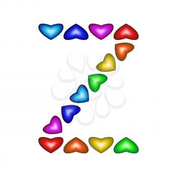 Letter Z made of multicolored hearts on white background