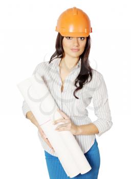 An architect in an orange helmet holds drafts