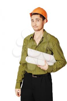 man engineer holding drawings isolated on white