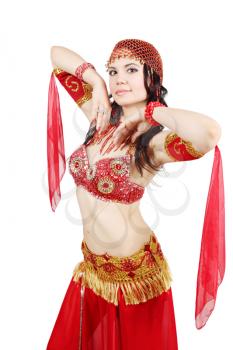 Beautiful woman dancing belly dance isolated on a white background