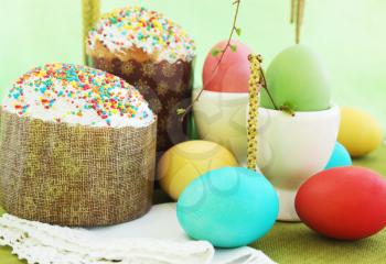 Easter cakes with eggs, festive still life 