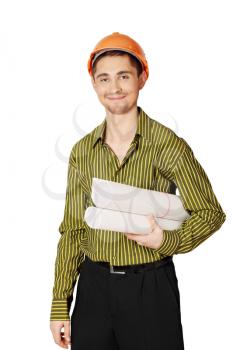 man engineer holding drawings isolated on white