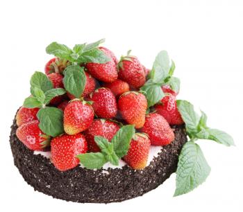 chocolate cake with strawberry and mint isolated on white