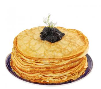 stack of pancakes with caviar, isolated on white