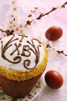 Slavic Easter cake with eggs and apricot flowers