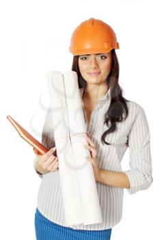 The woman in the construction helmet with working drawing