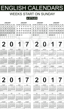 Four styles English calendars of 2017. Weeks start on sunday. Carefully designed.