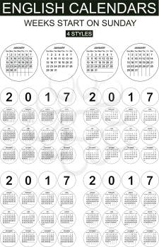 Four styles English calendars of 2017. Weeks start on sunday. Carefully designed.