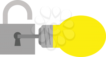 Vector yellow light bulb with key and open grey padlock.
