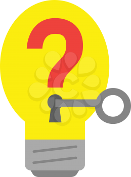 Yellow vector light bulb with red question mark and grey key.