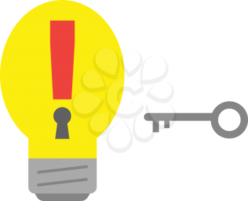 Yellow vector light bulb with red exclamation mark and grey key.