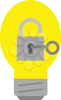 Yellow vector light bulb with padlock and grey key.