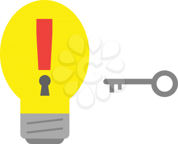 Yellow vector light bulb with red exclamation mark keyhole and grey key.
