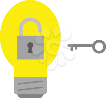 Vector yellow light bulb with padlock keyhole and grey key.
