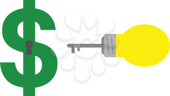 Vector yellow light bulb key with green dollar symbol and keyhole.