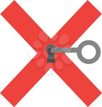 Grey vector key unlocking red x mark keyhole.