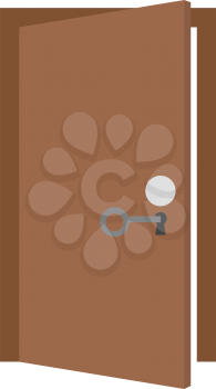 Vector grey key unlocking brown door.