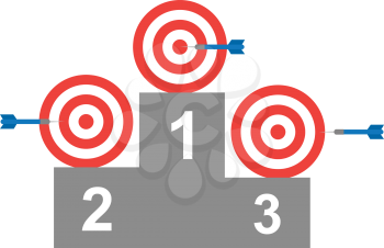 Vector blue dart red bullseye target on first, second and third positions on grey podium.