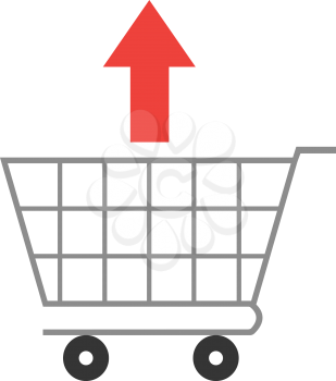 Vector red arrow pointing up above grey shopping cart.