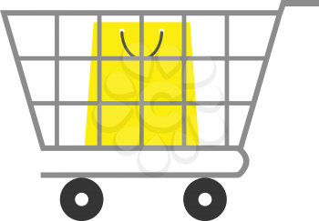 Vector yellow shopping bag inside grey shopping cart.