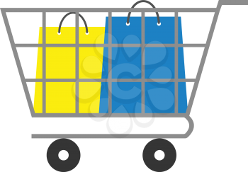Vector yellow and blue shopping bag inside grey shopping cart.