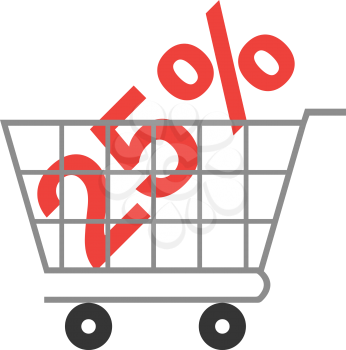 Vector red 25 percent symbol inside grey shopping cart.