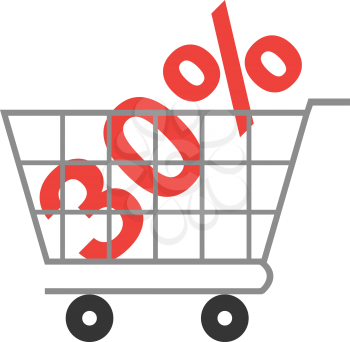 Vector red 30 percent symbol inside grey shopping cart.