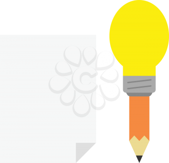 Vector orange pencil with yellow light bulb tip with blank paper.