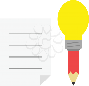 Vector red pencil with yellow light bulb tip with lined paper.