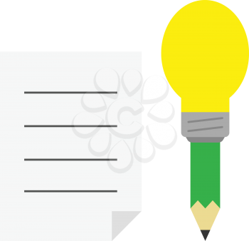 Vector green pencil with yellow light bulb tip with lined paper.