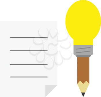 Vector brown pencil with yellow light bulb tip with lined paper.
