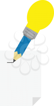 Vector blue pencil with yellow light bulb tip drawing line on paper.