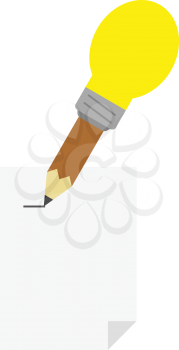 Vector brown pencil with yellow light bulb tip drawing line on paper.