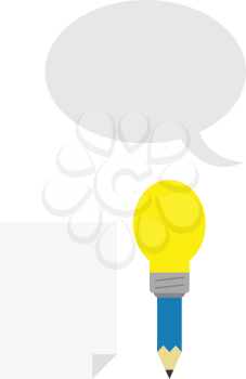 Vector blue pencil with yellow light bulb tip with blank paper and grey speech bubble.