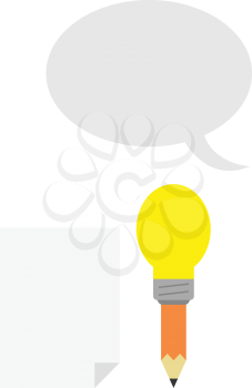Vector orange pencil with yellow light bulb tip with blank paper and grey speech bubble.