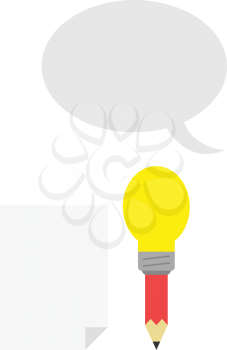 Vector red pencil with yellow light bulb tip with blank paper and grey speech bubble.