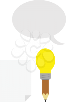 Vector brown pencil with yellow light bulb tip with blank paper and grey speech bubble.