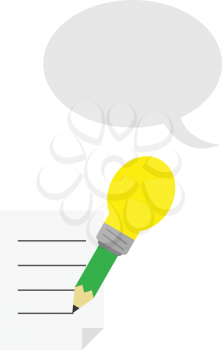 Vector green pencil with yellow light bulb tip with lined paper and grey speech bubble.