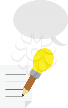 Vector brown pencil with yellow light bulb tip with lined paper and grey speech bubble.