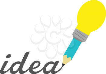 Vector turquoise yellow light bulb-tipped pencil writing word idea.