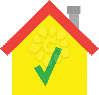 Vector red roofed yellow house icon with green check mark symbol