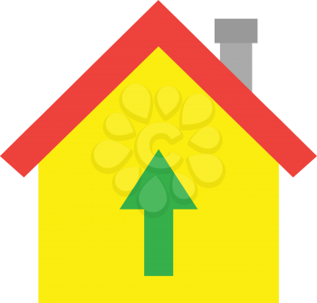 Vector red roofed yellow house icon with green arrow pointing up.