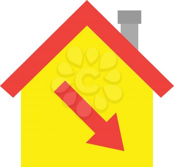 Vector red roofed yellow house icon with red arrow pointing down.