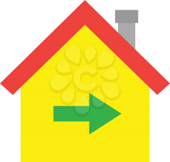 Vector red roofed yellow house icon with green arrow pointing right.