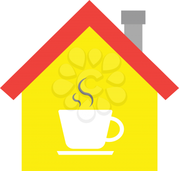 Vector red roofed yellow house icon with white coffee cup symbol